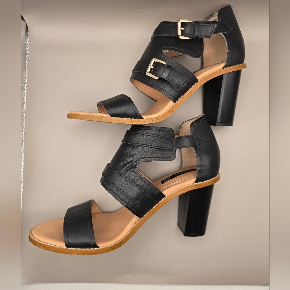 H&M Genuine Leather Sandal 3 Inch Block Heel Open Toe Adjustable Strap Black 7. - Picture 4 of 11